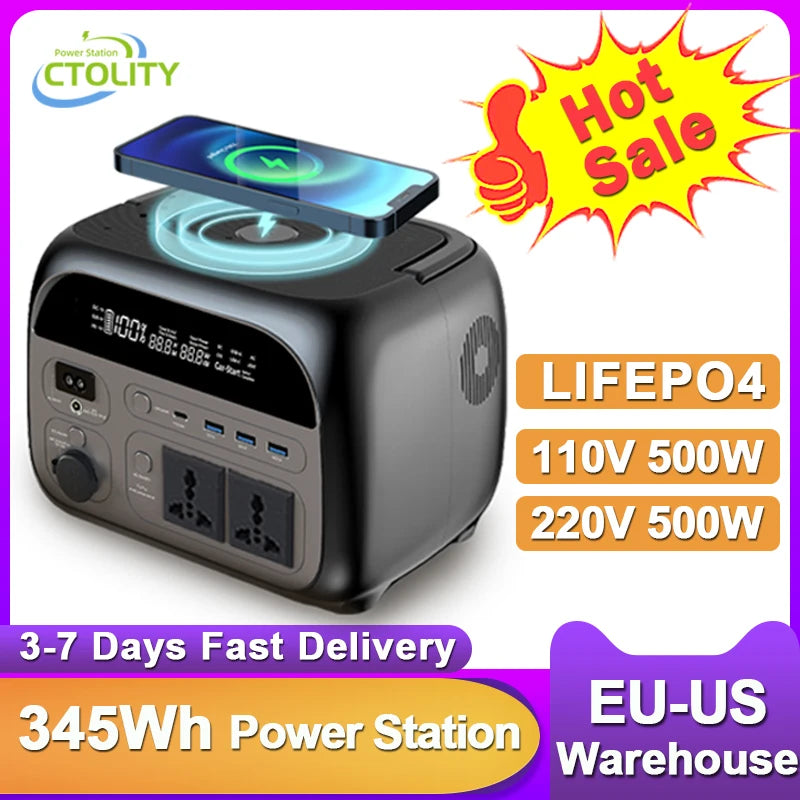 CTOLITY 500W Camping Power Station 345.6Wh LiFePO4 Solar Generator 110V 220V AC