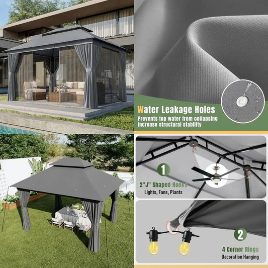 10x12 Outdoor Gazebo With Double Roof And Mosquito Netting For Patio Parties