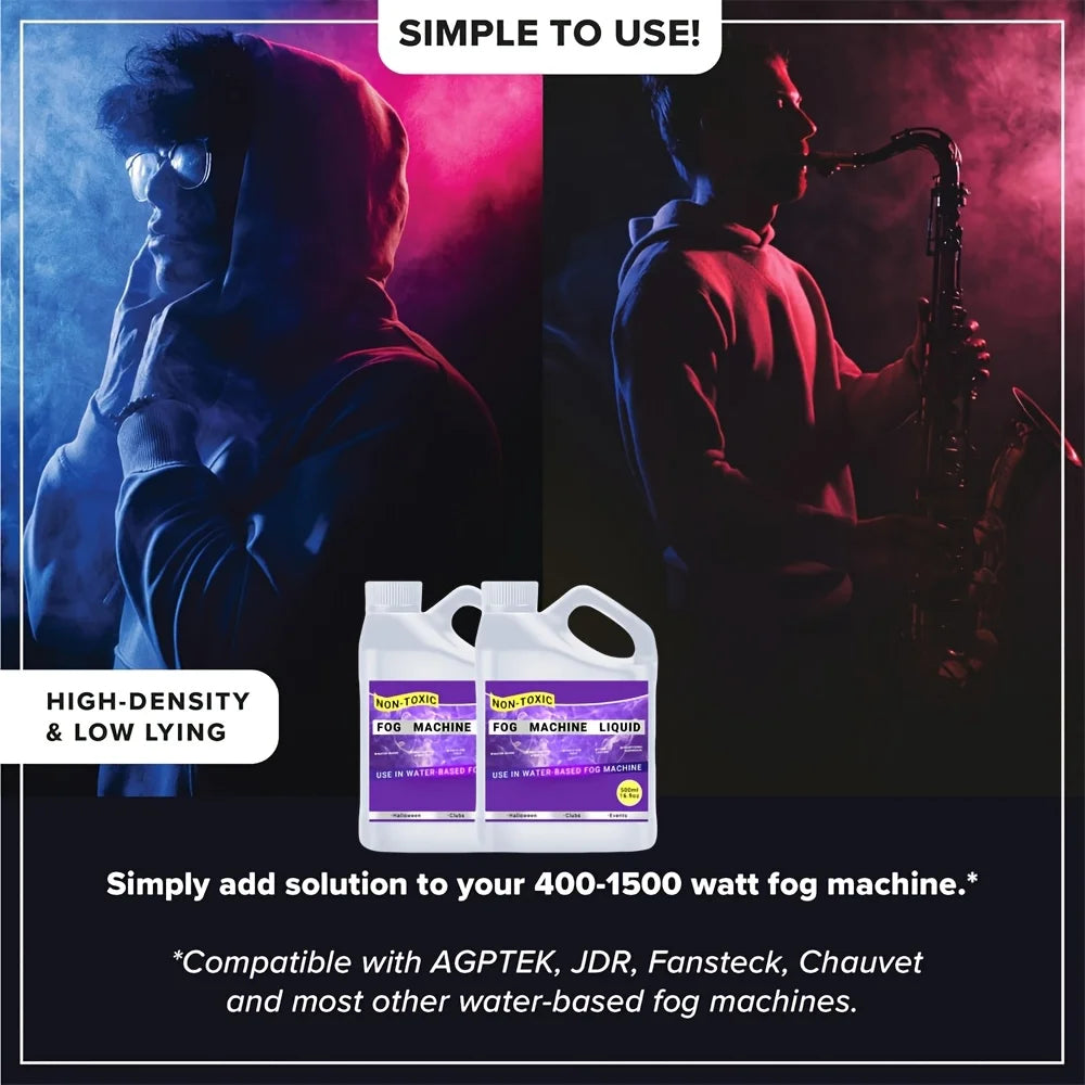 Create dramatic, immersive atmospheres with long-lasting, odorless fog that stays consistent from 400 to 1500 watt machines, helping you stage dramatic scenes, lighting shows, and unforgettable moments.