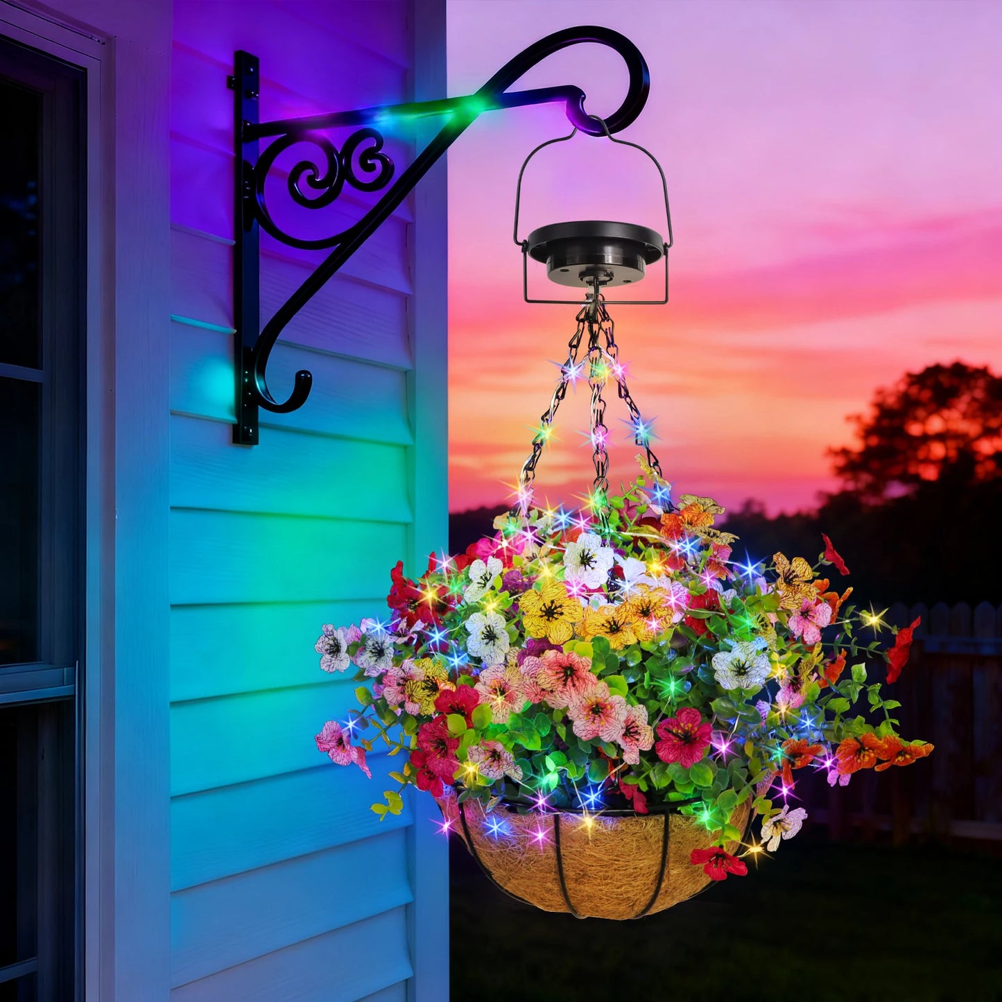 Solar Powered Hanging Flower Basket Lights Outdoor RGB With Solar Panel