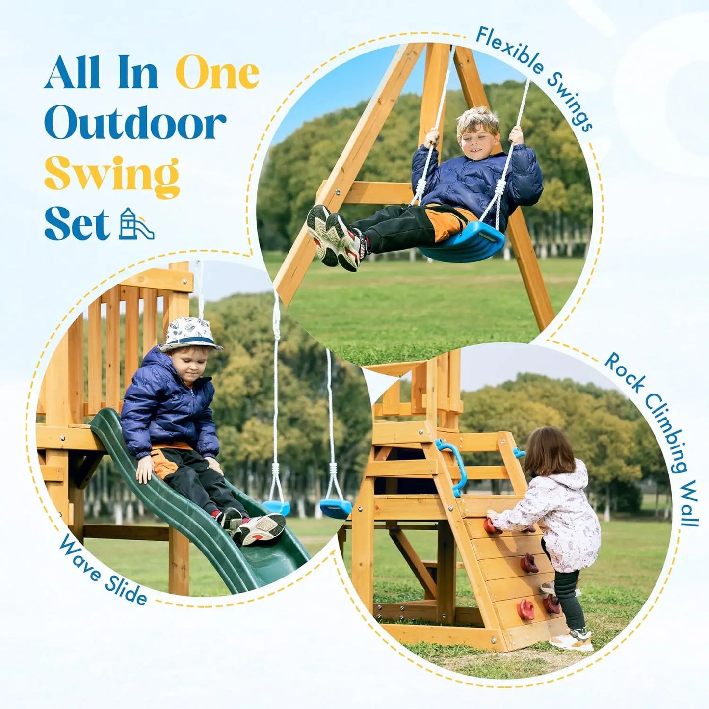 Rolife Wooden Swing Set With Dual Swings Slide Climbing Wall Chalkboard Fort