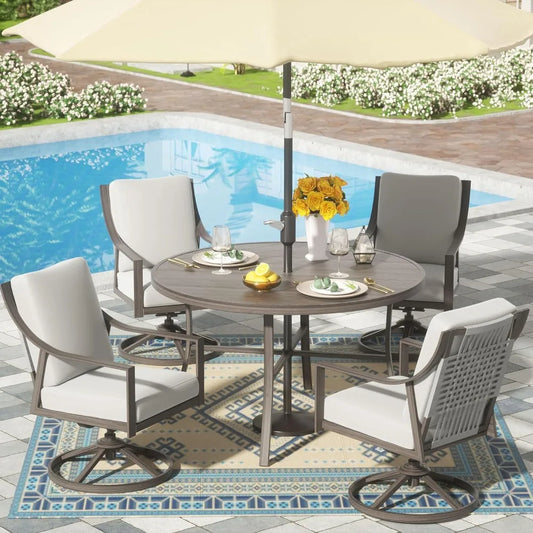 5 Piece Patio Dining Set 38 Inch Table Umbrella Hole 4 Rocking Swivel Chairs