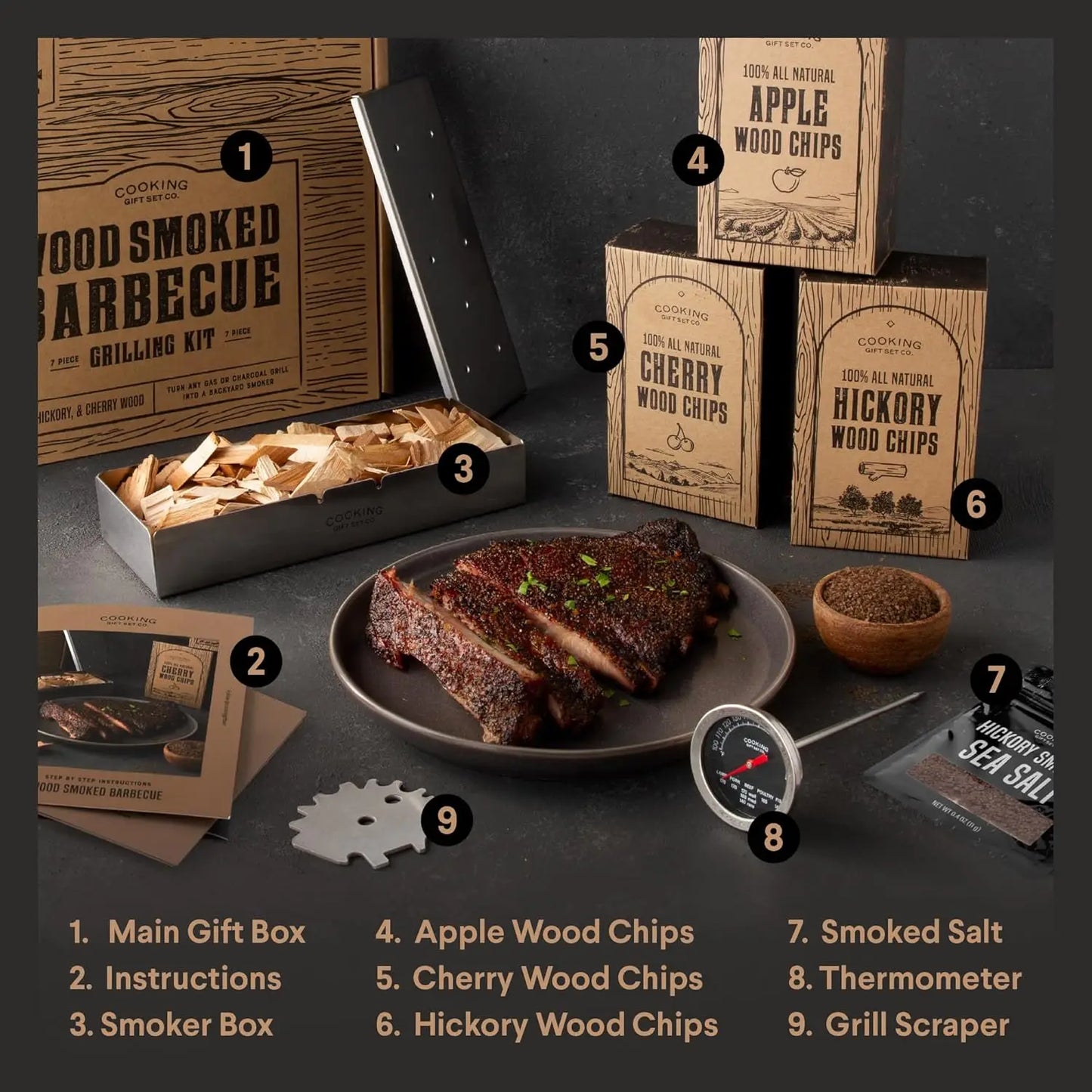BBQ Smoker Box Kit With Wood Chips, Thermometer And Recipes For Gas Grills