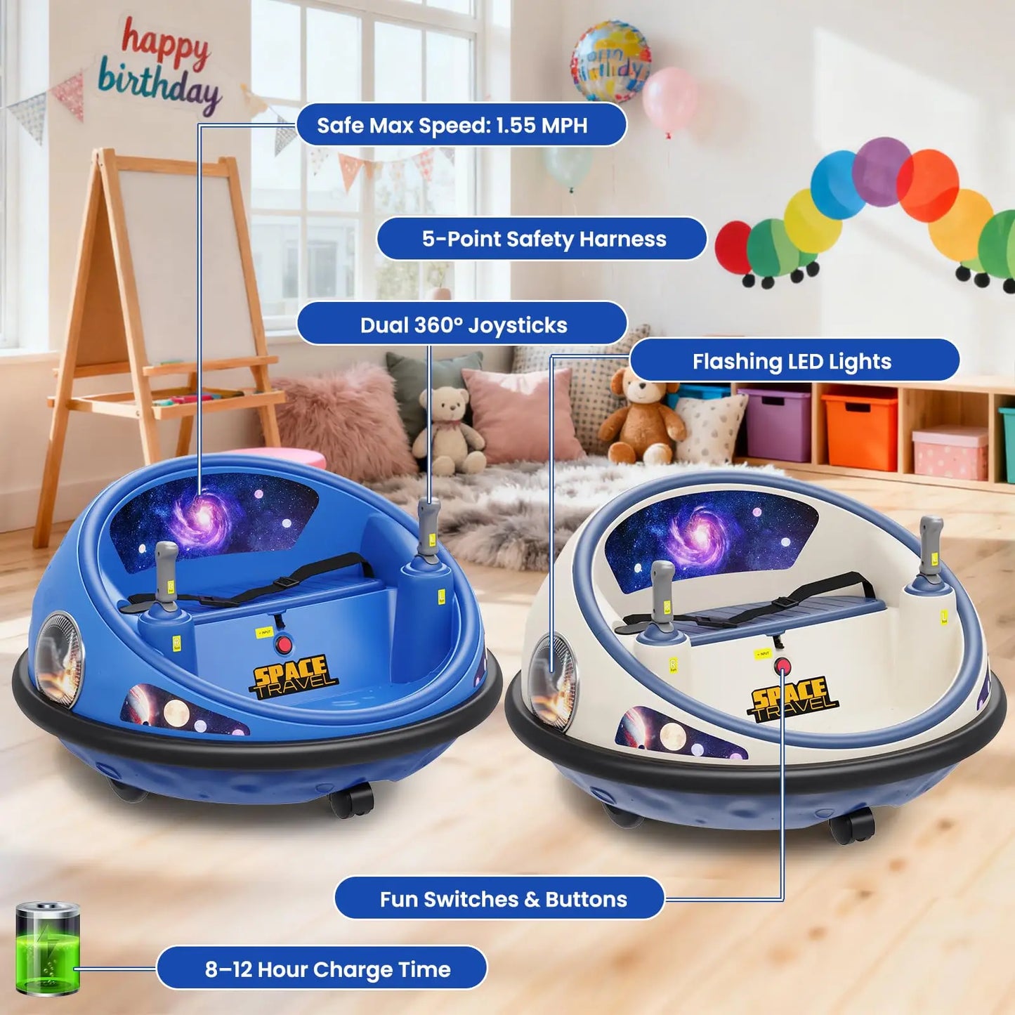 Spin into endless fun with this versatile 360 degree spinning kids electric bumper car that delivers safe, exhilarating play for indoors or outdoors, featuring easy to use controls for you, bright LED lights, and fuss free charging for hours of smiles.