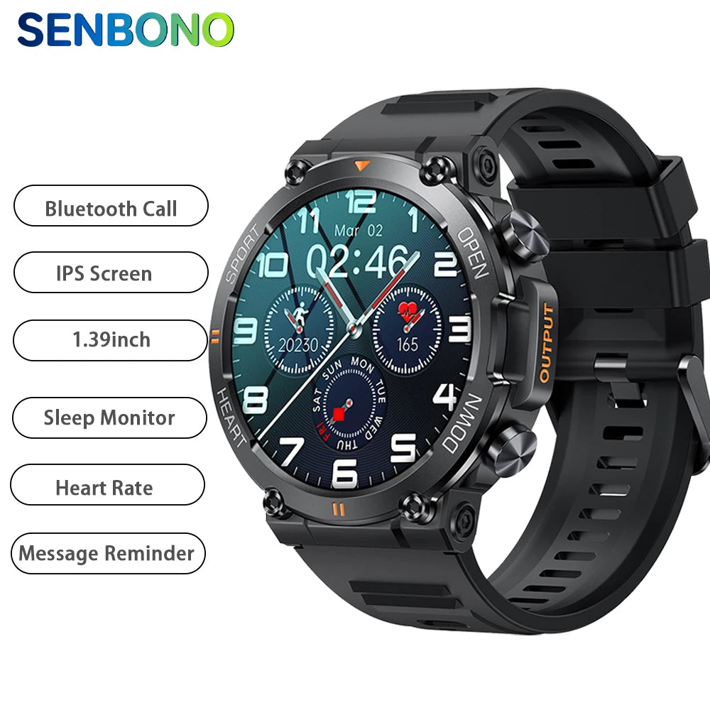 SENBONO Rugged Military Smart Watch for Men Bluetooth Call Waterproof