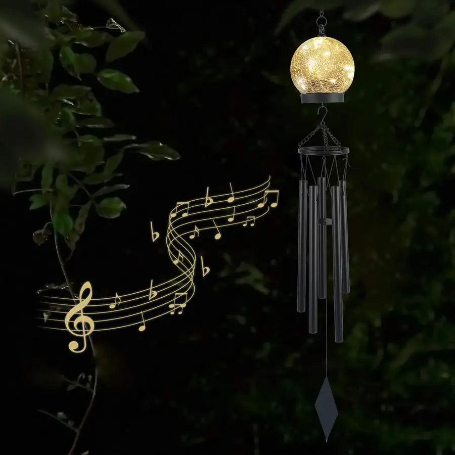 Outdoor Solar Wind Chimes With Crackled Glass Ball And Warm White LEDs