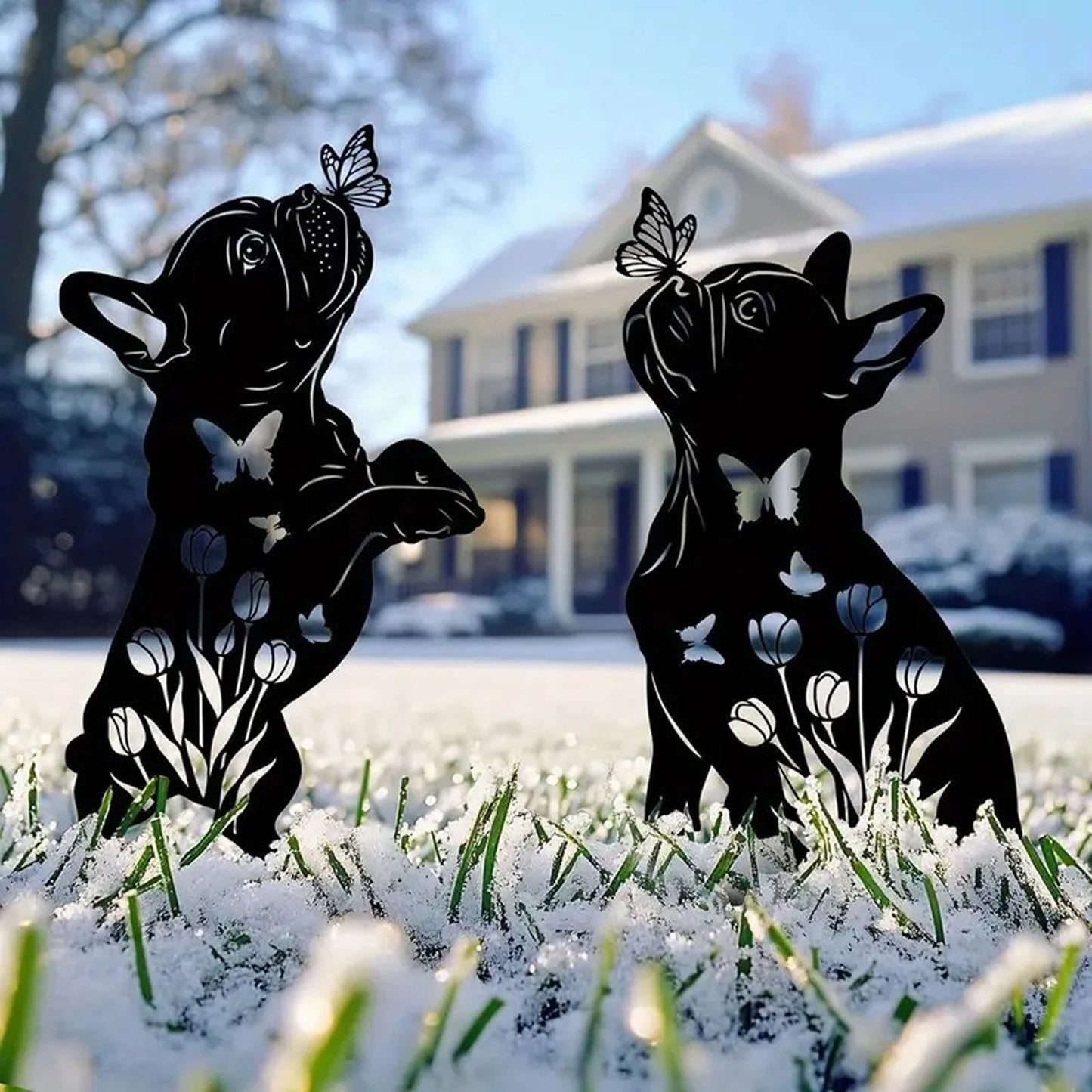 Add whimsical charm to your garden with these rustic metal stakes featuring butterfly and dog silhouettes, designed for year‑round outdoor display and easy arrangement.