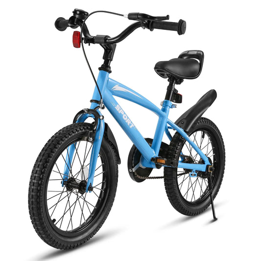 Ride confidently with this sturdy 16 inch kids bike built for balance, control, and hours of safe riding, featuring training wheels, dual handbrakes, an adjustable handlebar and saddle, a durable frame with a steel fork, a kickstand, and a unisex design