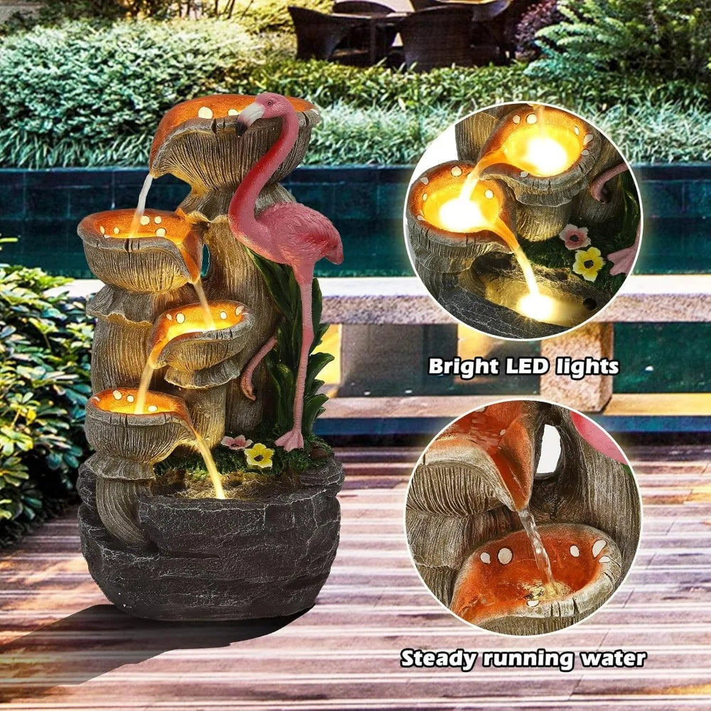 5 Tier Outdoor Indoor Water Feature Fountain With Flamingo Cascade LED Lights