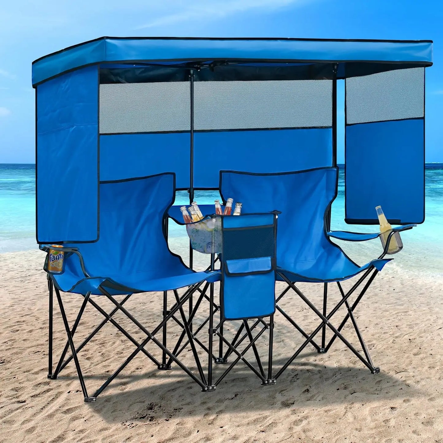 Double Beach Chair With Canopy Shade Cup Holder Heavy Duty Folding Lounge Chair