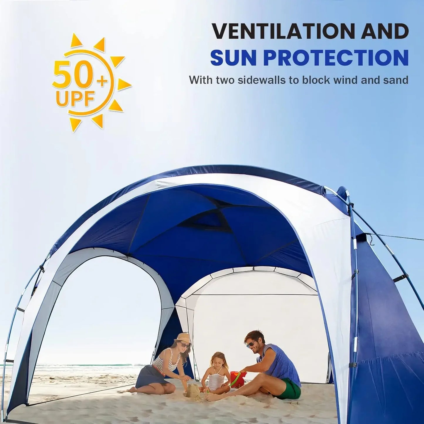 UNP Easy Beach Tent Pop Up Canopy UPF50 Sun Shelter With Side Wall Ground Pegs