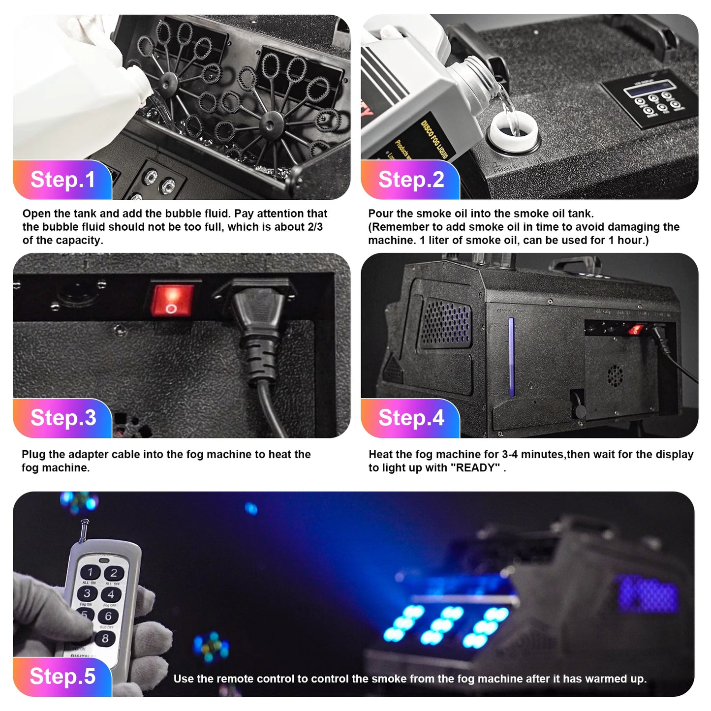 U'King 1500W Smoke Bubble Machine 8 RGB 3in1 LED Fog DMX Stage Light