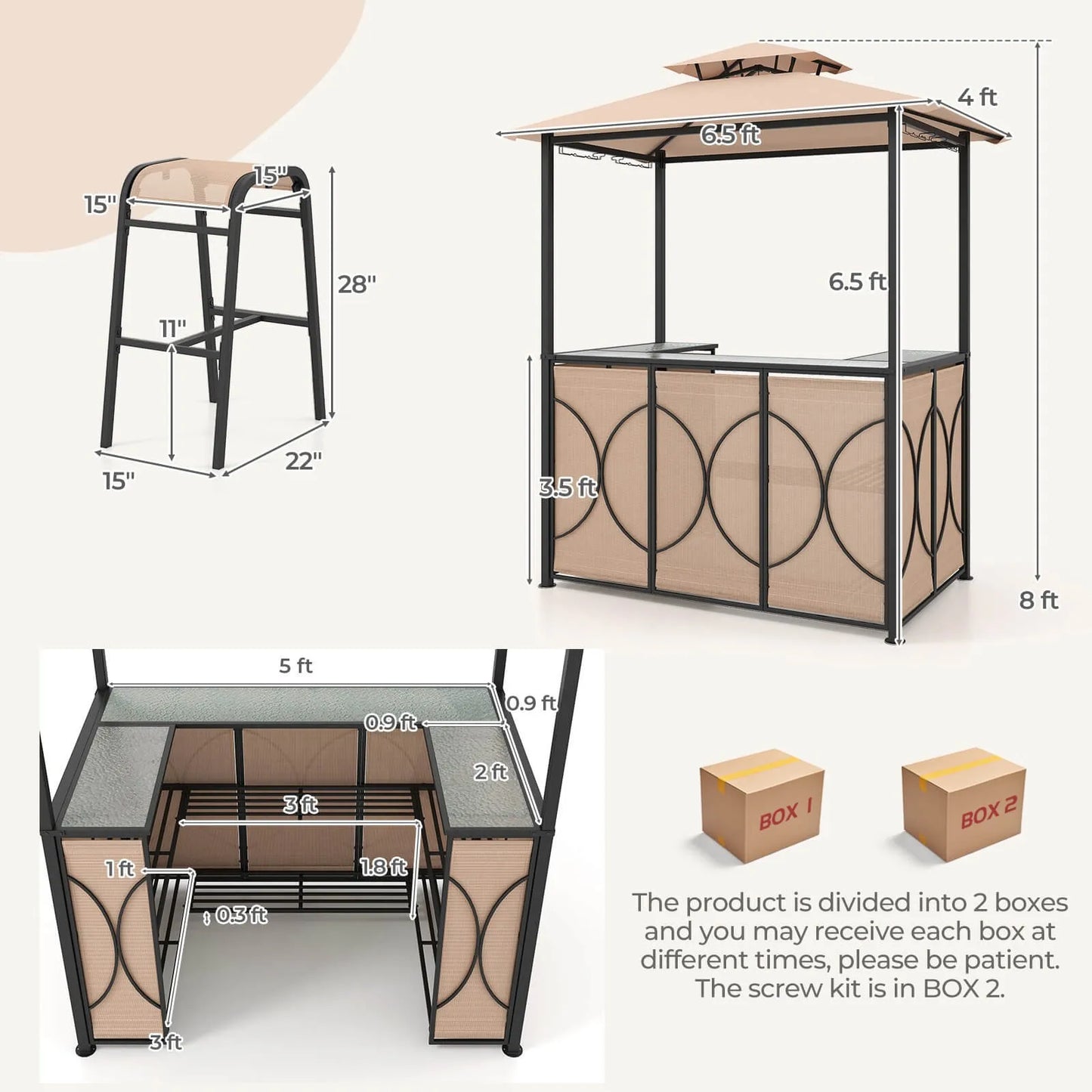3 Piece Patio Bar Set With Tempered Glass Table And Metal Storage Shelves Garden