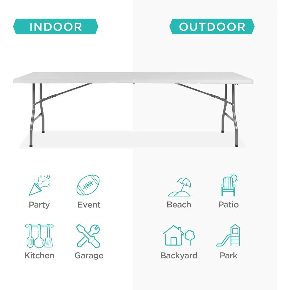 8Ft Plastic Folding Table Indoor Outdoor Heavy Duty Portable With Handle