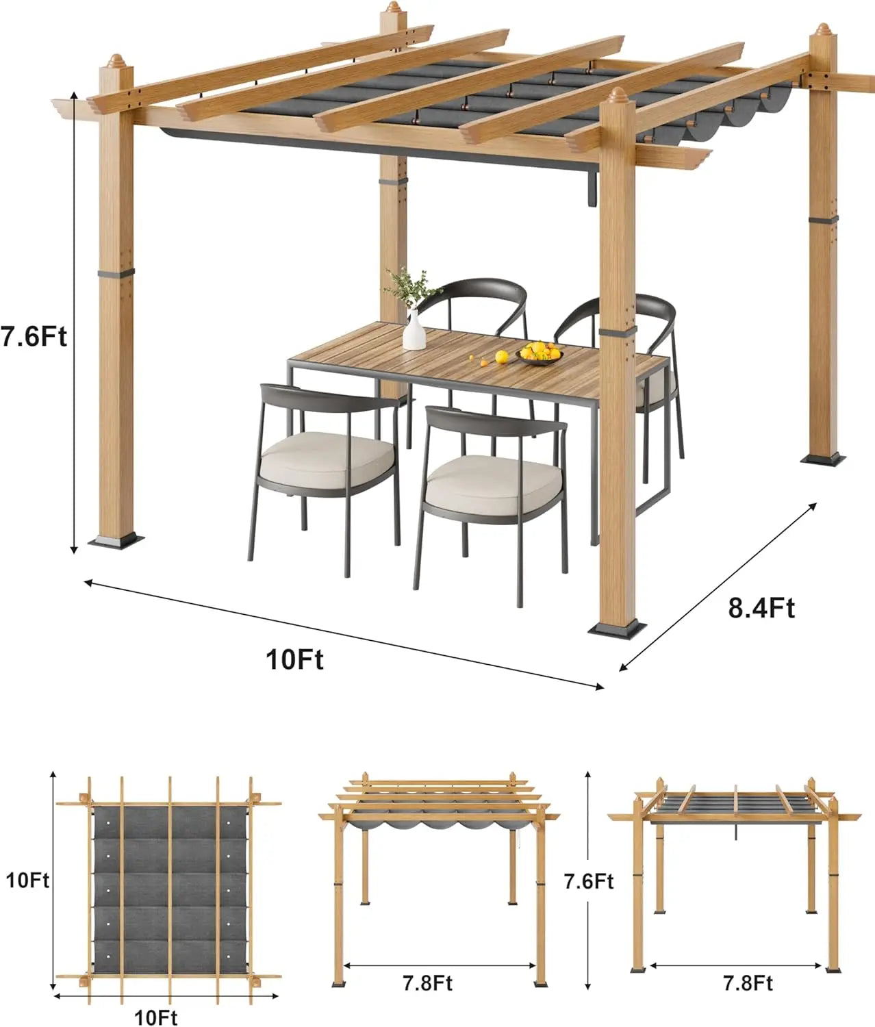 HiMISS 10x10Ft 10x13Ft Outdoor Pergola With Retractable Canopy