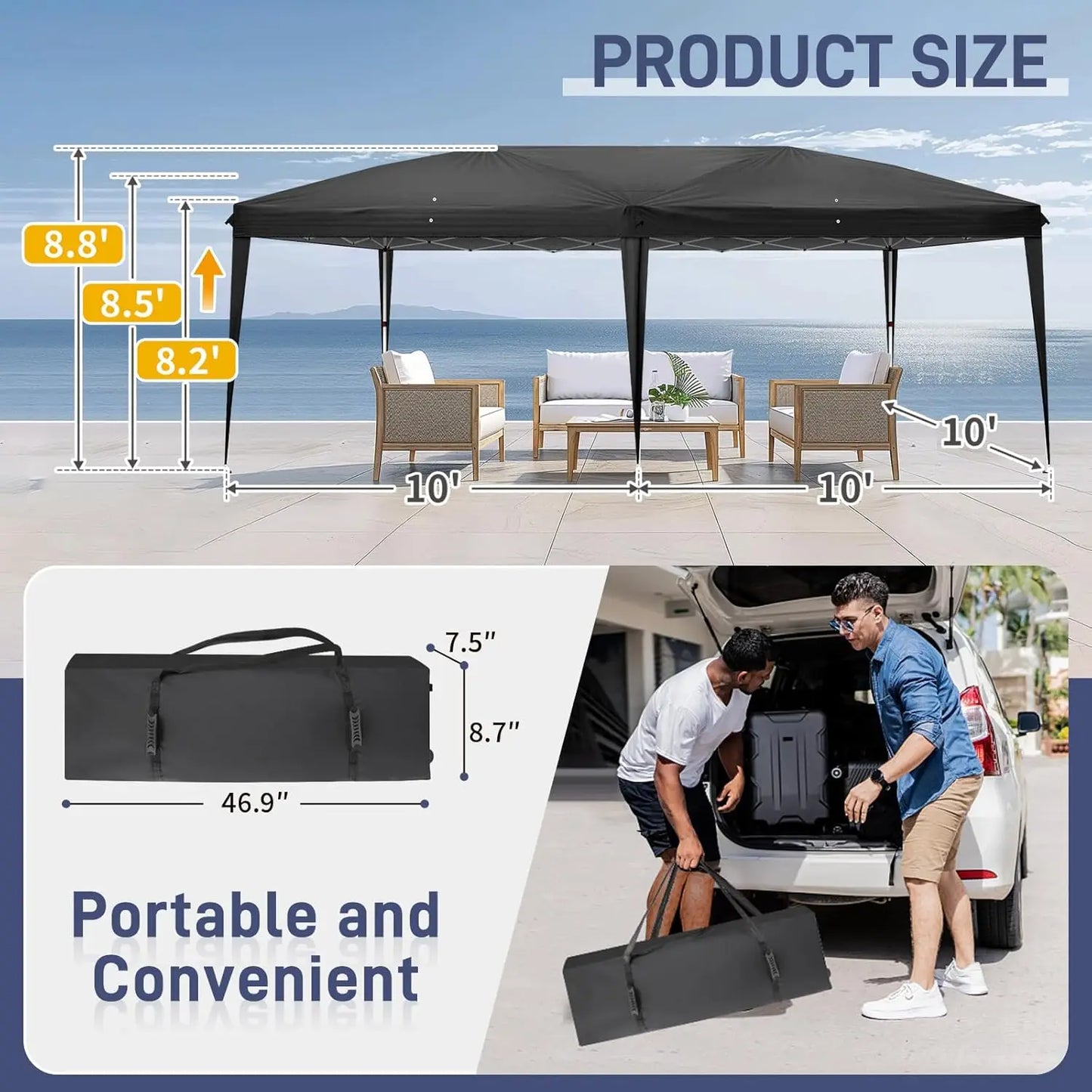 Experience instant shade and effortless setup for outdoor events with this 10x20 pop up canopy that travels with you anywhere.