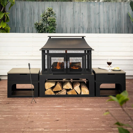 70 Inch Outdoor Rectangular Steel Wood Burning Fireplace With Side Tables