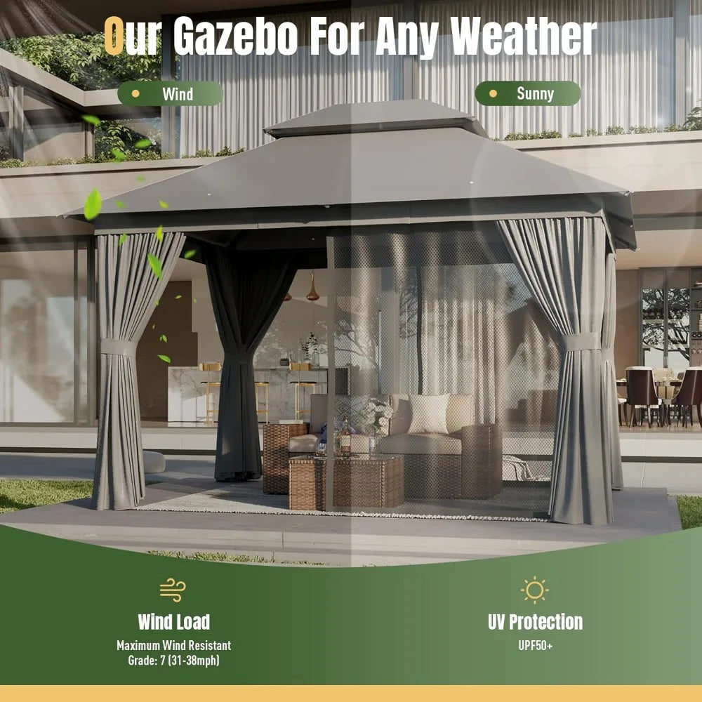 XMSJ Outdoor Gazebo 10x12 Patio Canopy With Double Roofs Mosquito Net