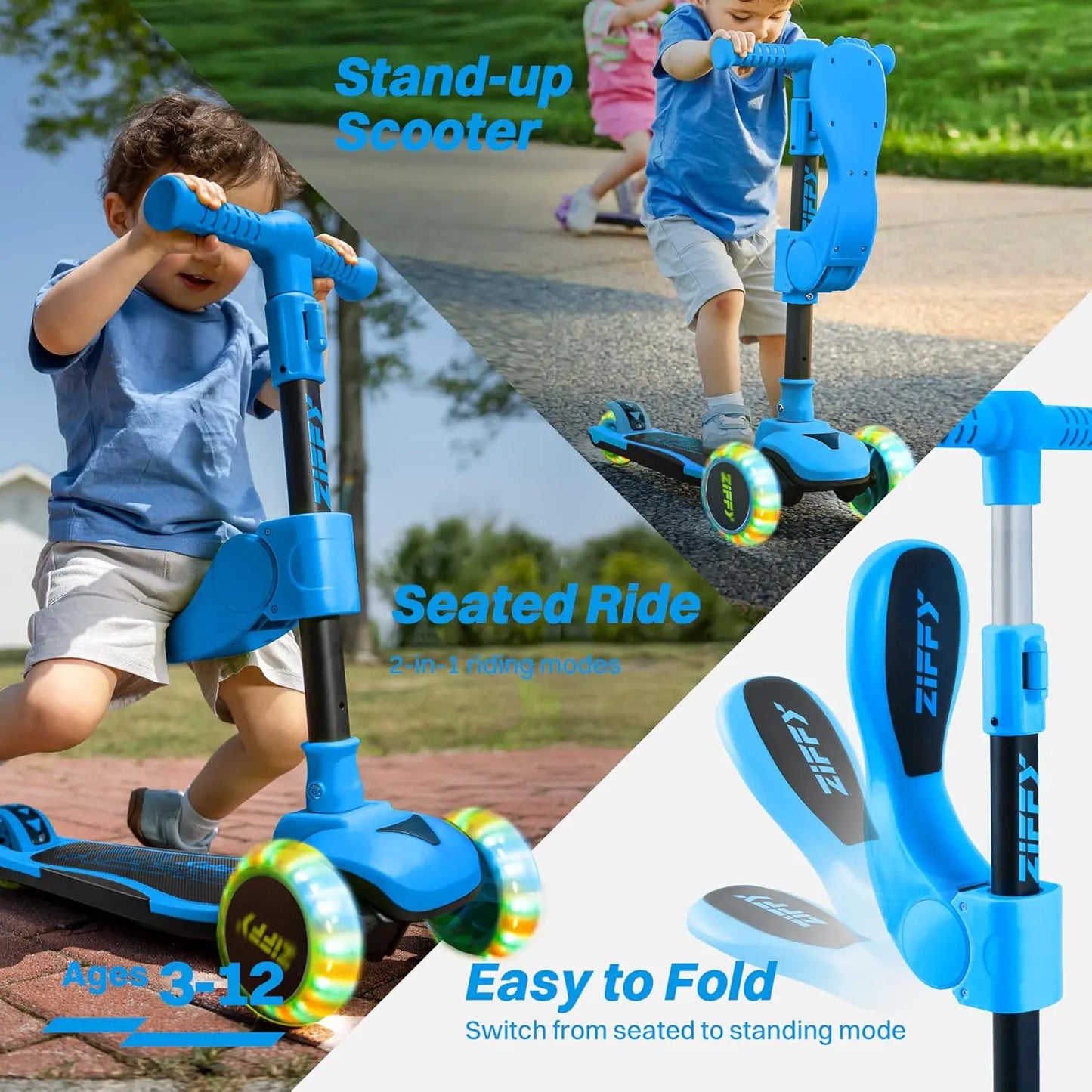 Joyfy 2 In 1 Toddler Scooter With LED Lights Adjustable Height And Foldable Seat