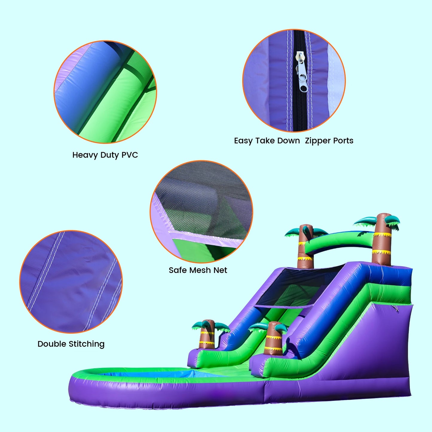 Make your party a splash with the RTS inflatable Giant Tropical Water Slide, a durable, all-in-one bounce house that blends a high-flying slide, bouncy play area, and bright tropical graphics into one family-friendly outdoor adventure.