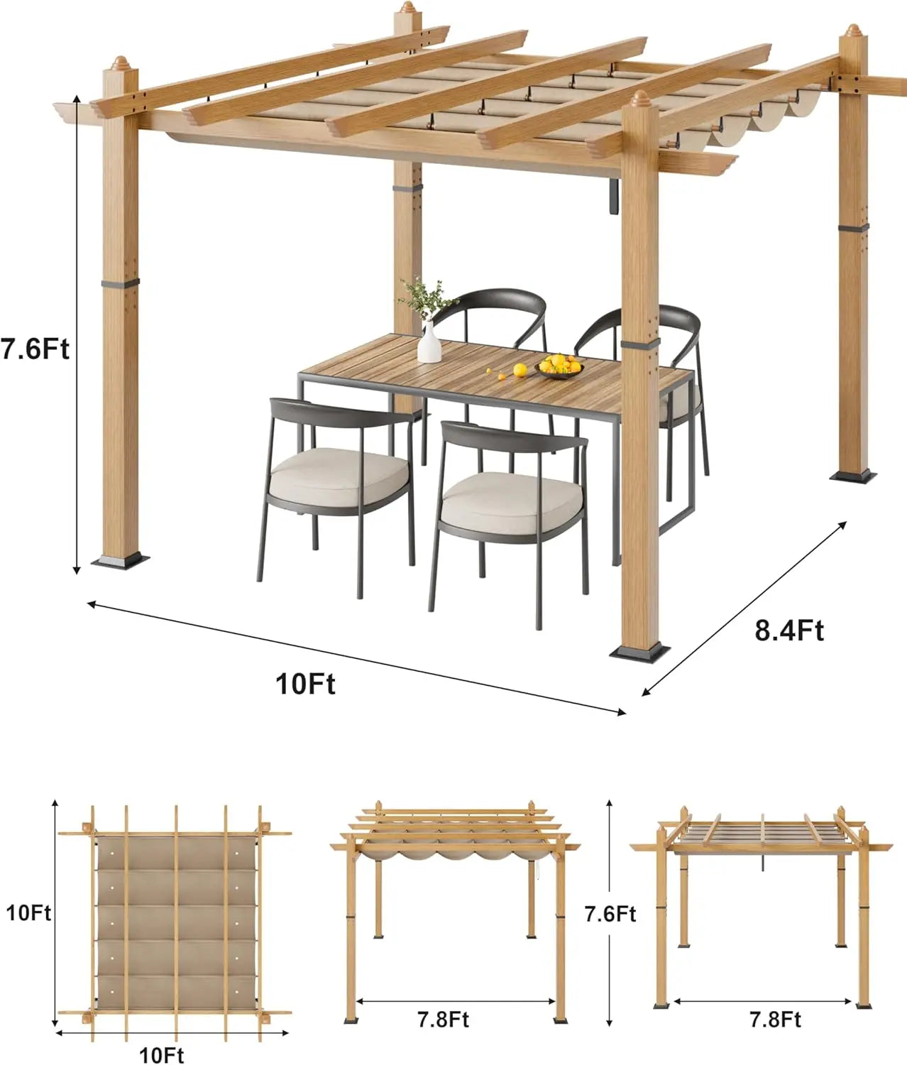 HiMISS 10x10Ft 10x13Ft Outdoor Pergola With Retractable Canopy
