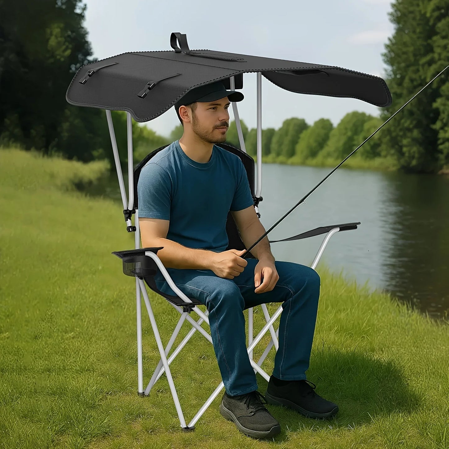 Portable Folding Beach Chair With Sunshade And Cup Holder