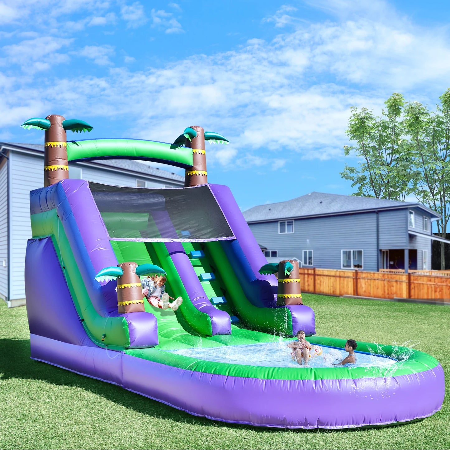 Make your party a splash with the RTS inflatable Giant Tropical Water Slide, a durable, all-in-one bounce house that blends a high-flying slide, bouncy play area, and bright tropical graphics into one family-friendly outdoor adventure.