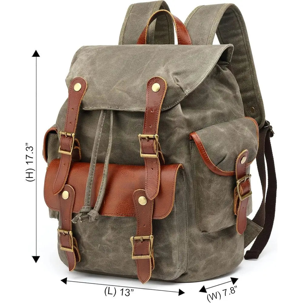 Vintage Canvas Backpack With Leather Accents Military Inspired Army Green