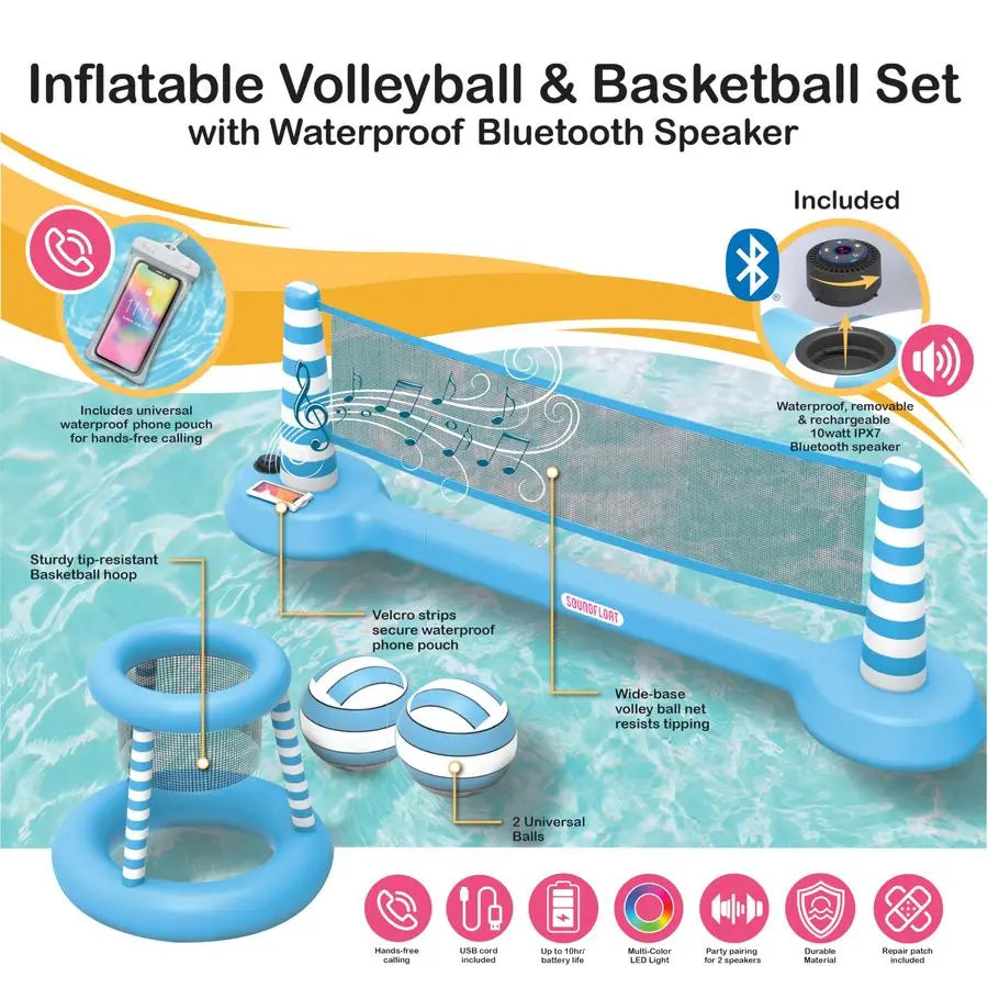Inflatable Pool Float Set With Bluetooth Speaker Volleyball And Basketball