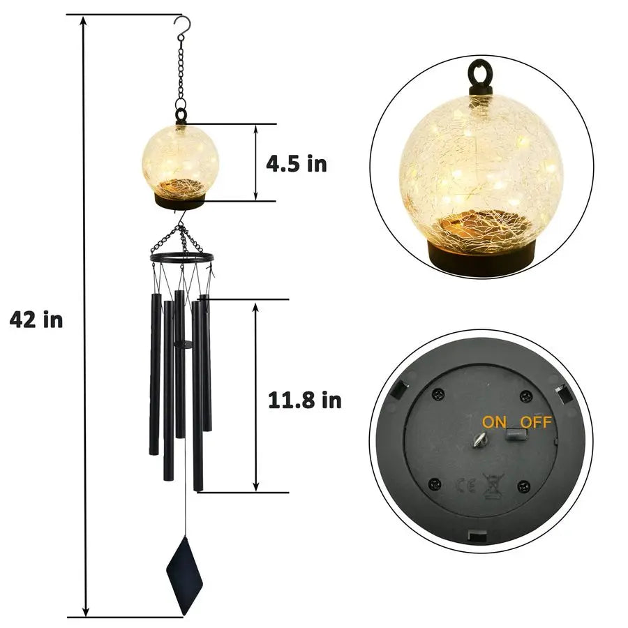 Outdoor Solar Wind Chimes With Crackled Glass Ball And Warm White LEDs
