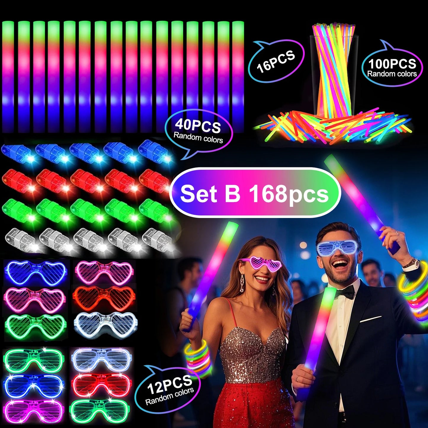 168Pcs Glow Party Kit With LED Glasses And Glow Sticks For Weddings