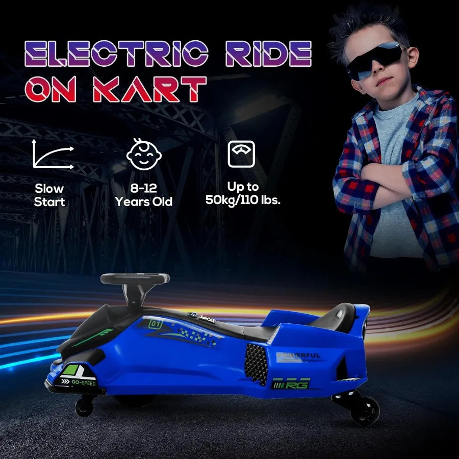 Blue 12V Electric Go Kart For Kids 8 To 12 With Slow Start Music Lights 5 MPH