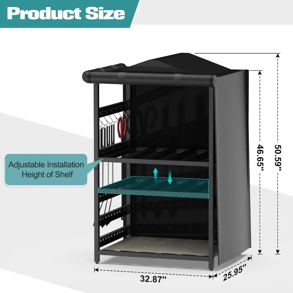 Elevate your outdoor fire setup with a rugged iron storage station that keeps tools, accessories, and firewood neatly organized.