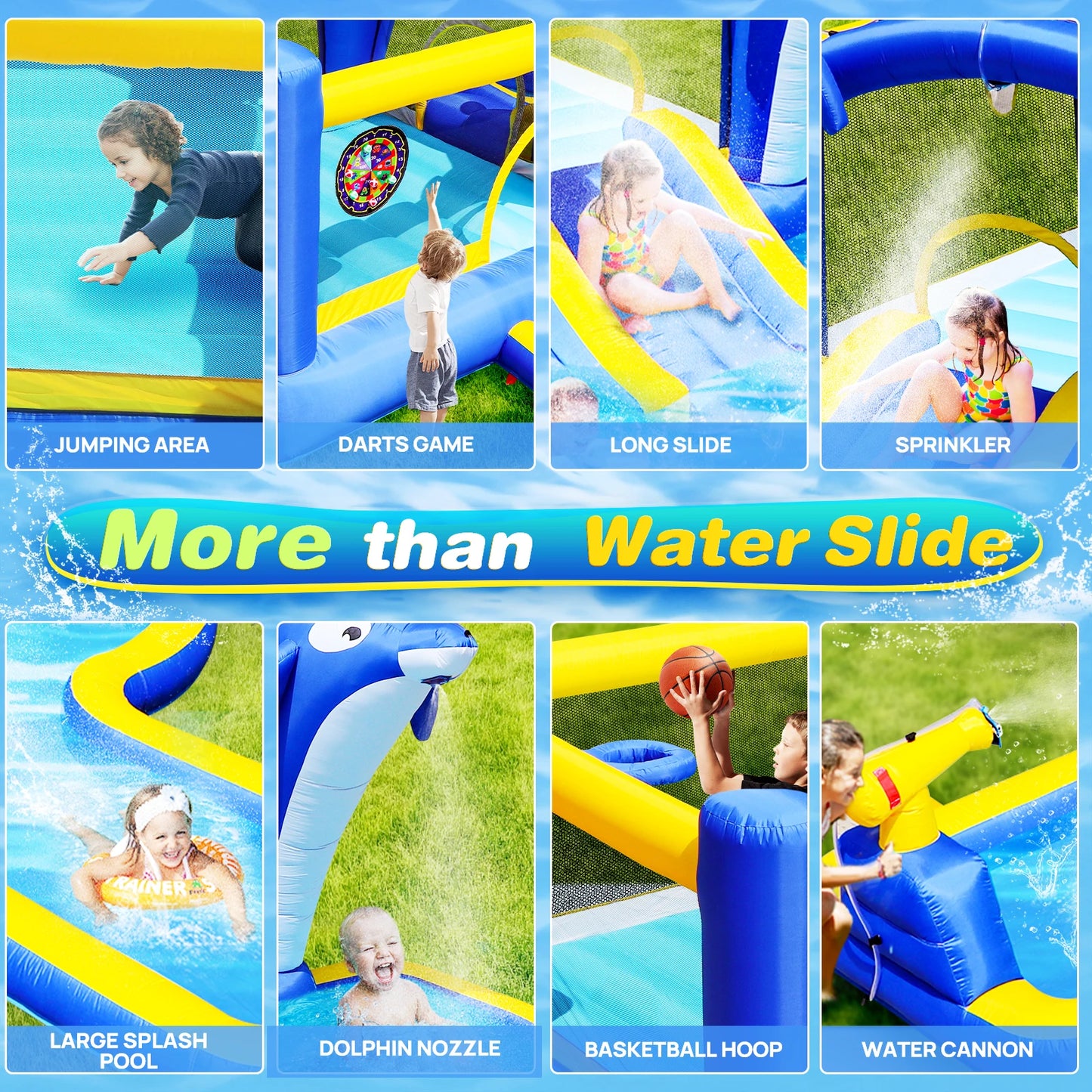 Turn your backyard into a splashy playground with the 8 In 1 Inflatable Water Slide Park Trampoline from elenxs.