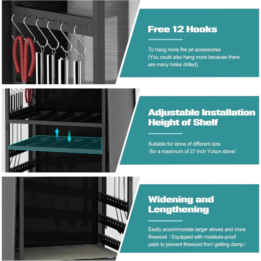 Elevate your outdoor fire setup with a rugged iron storage station that keeps tools, accessories, and firewood neatly organized.