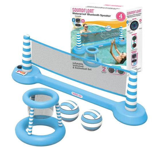 Inflatable Pool Float Set With Bluetooth Speaker Volleyball And Basketball