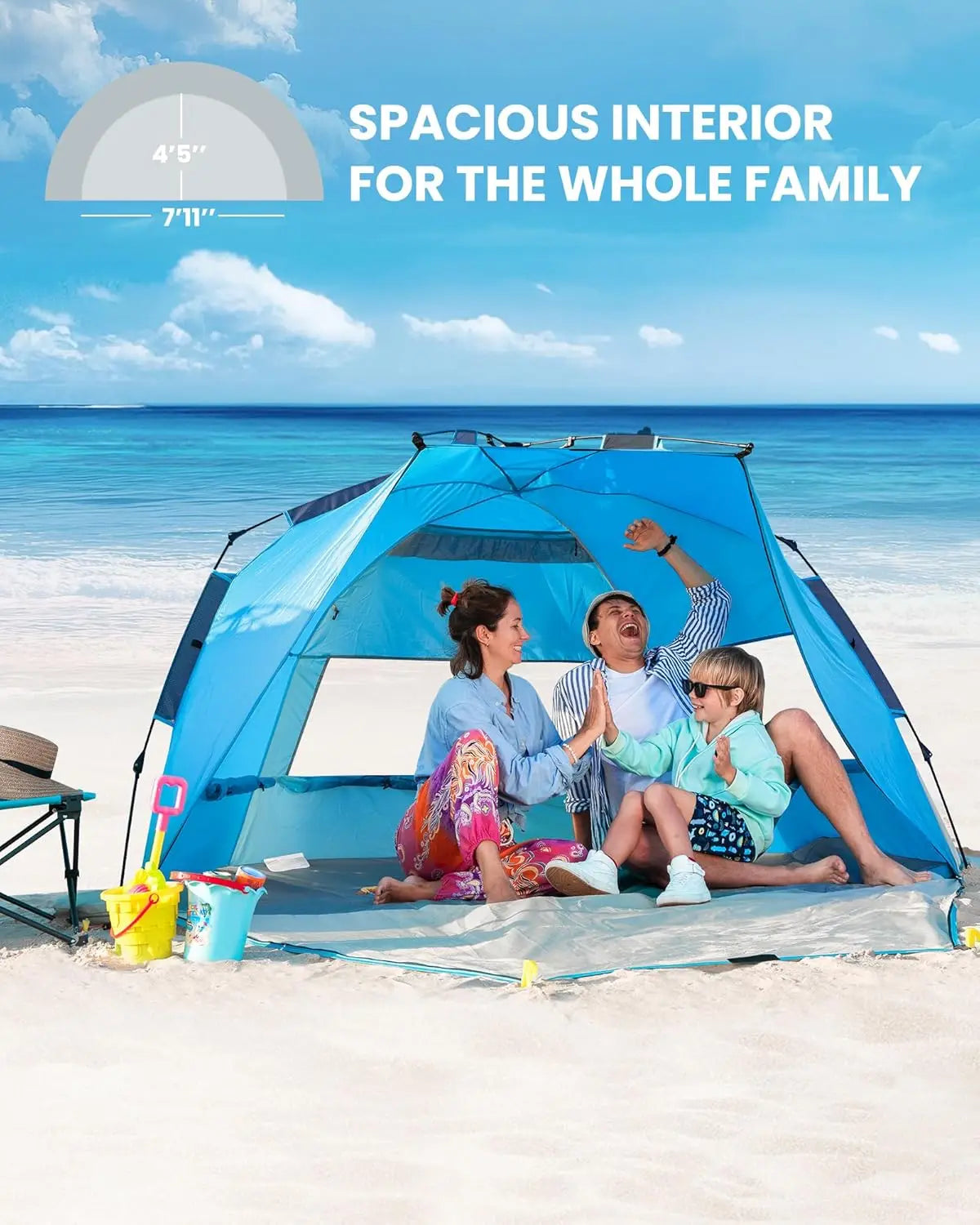 Pop-Up Beach Tent For 4 Easy Setup With Sandbags UPF50Plus Portable Sun Shelter