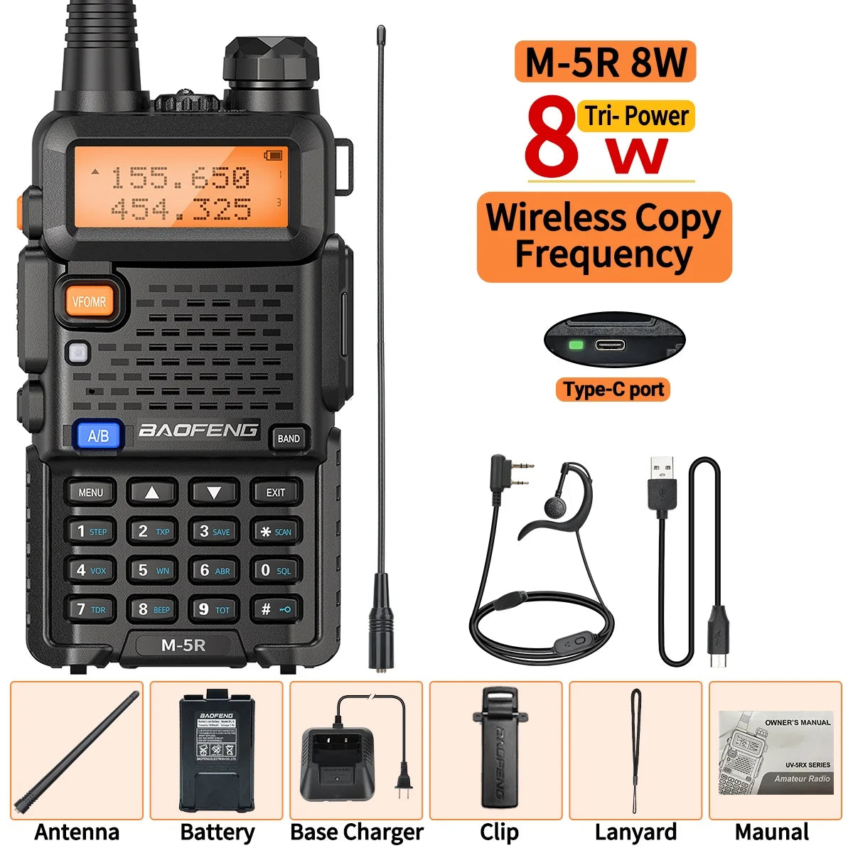 Baofeng M-5R 8W Multi-Band Walkie Talkie Type-C Long Range For UV-5R