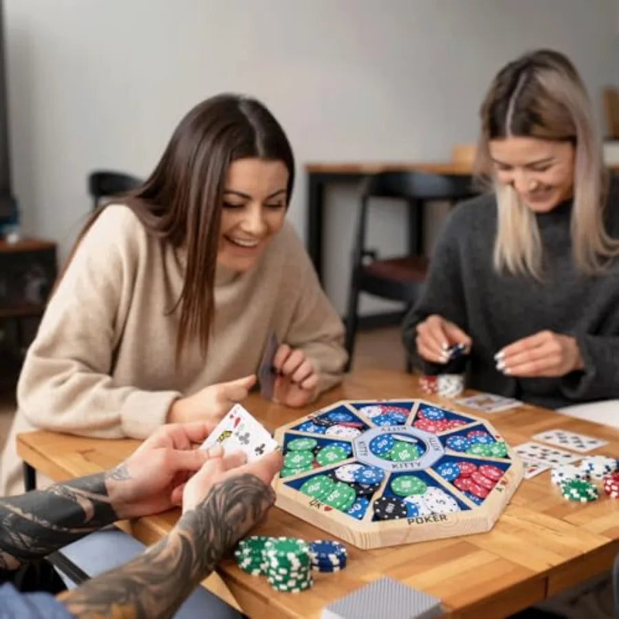 XMSJ Wooden Michigan Rummy Board Game Deluxe Tripoley Set With Michigan Rummy Board 2 Pokers 100 Chips And Game Manual