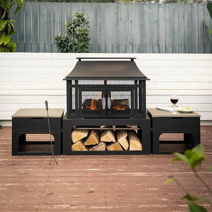 70 Inch Outdoor Rectangular Steel Wood Burning Fireplace With Side Tables