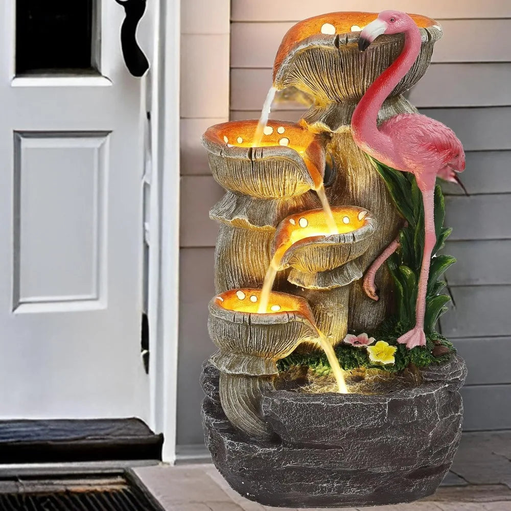 5 Tier Outdoor Indoor Water Feature Fountain With Flamingo Cascade LED Lights