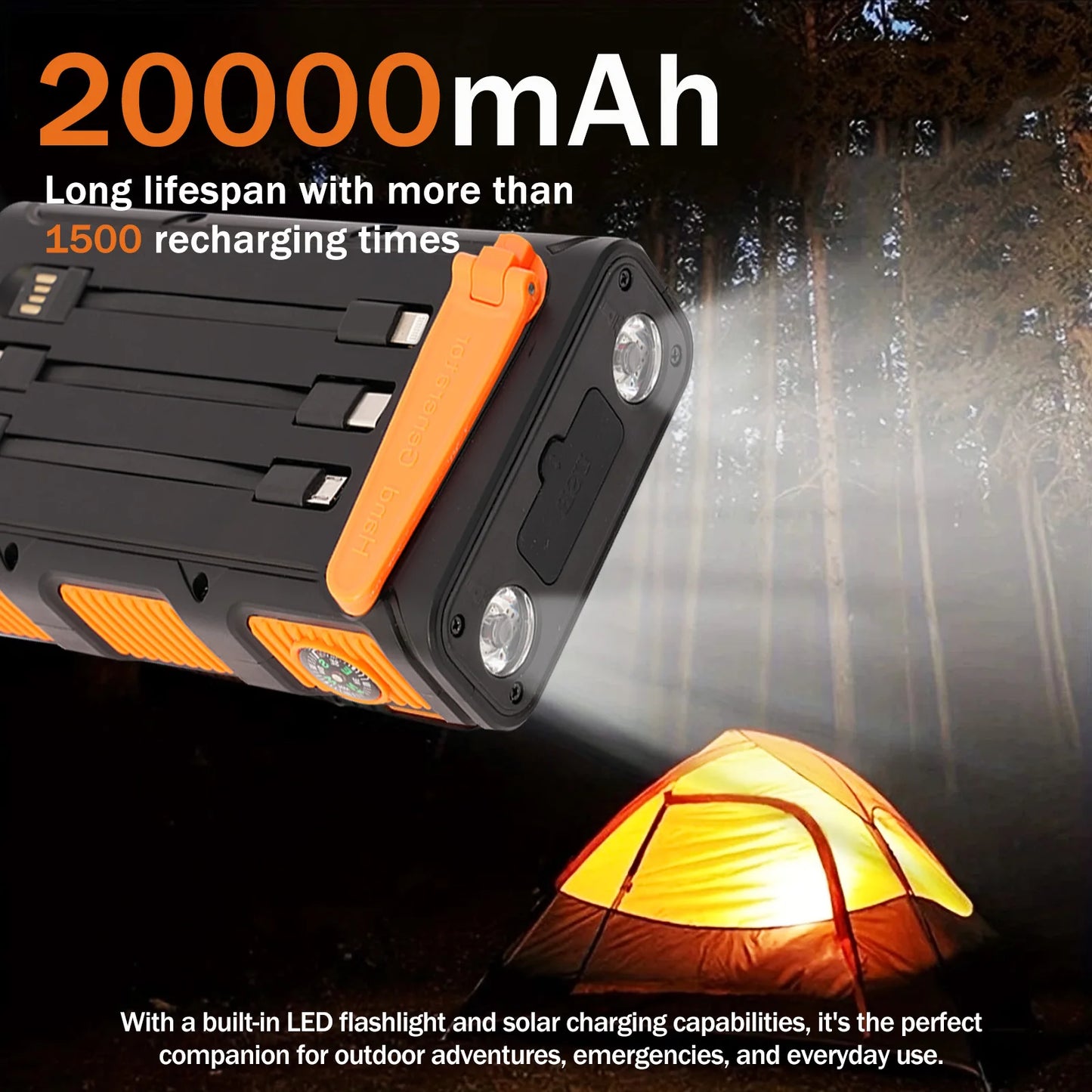 Power your adventures anywhere with this versatile solar power bank that combines portable charging, a hand crank, bright dual LED work lights, and rugged outdoor durability in remote locations.