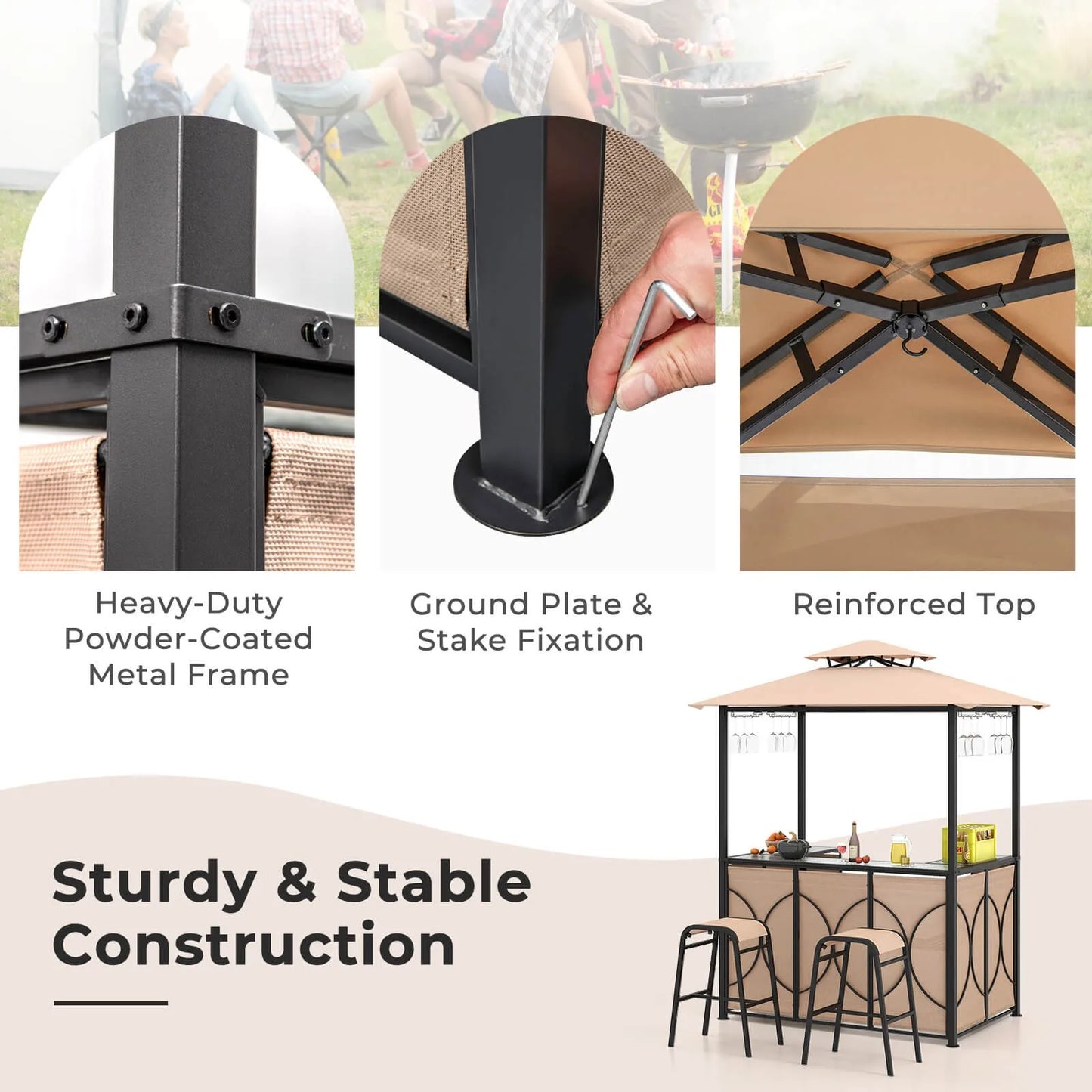 3 Piece Patio Bar Set With Tempered Glass Table And Metal Storage Shelves Garden