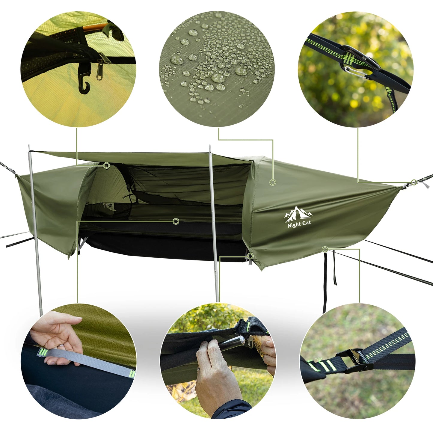 Night Cat Flat Lay Hammock Tent With Mosquito Net Rainfly Storage