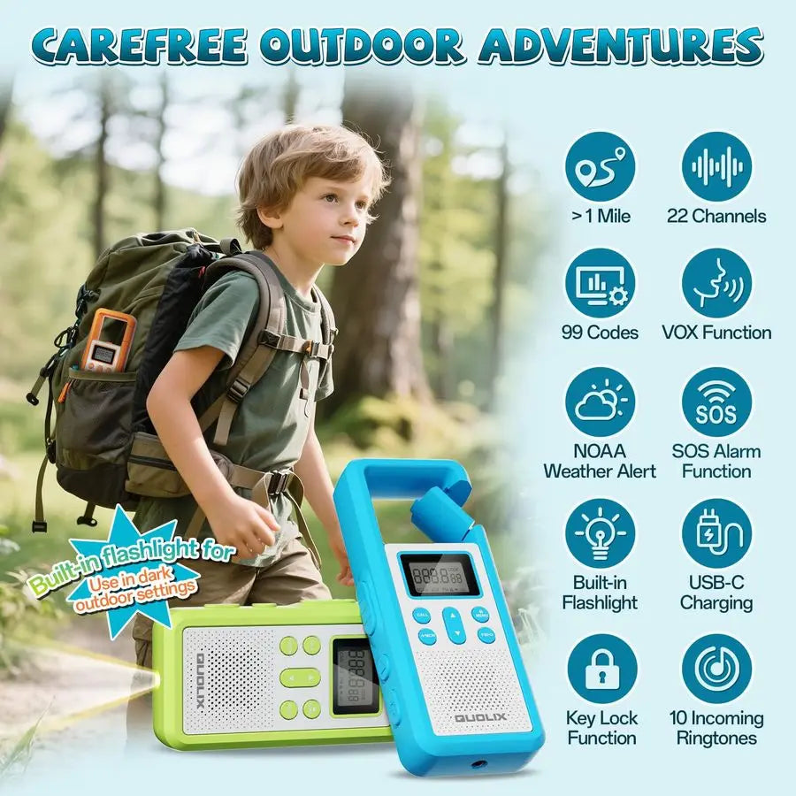 Keep your kids connected and safe on outdoor adventures with this four-pack of rechargeable walkie talkies.