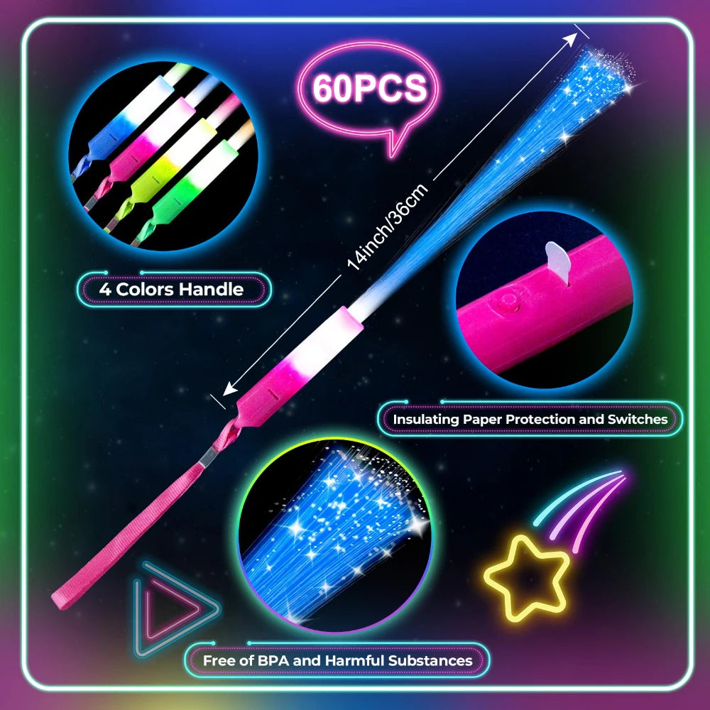 60Pcs Colorful LED Glow Fiber Optic Fluorescent Sticks Party Wands