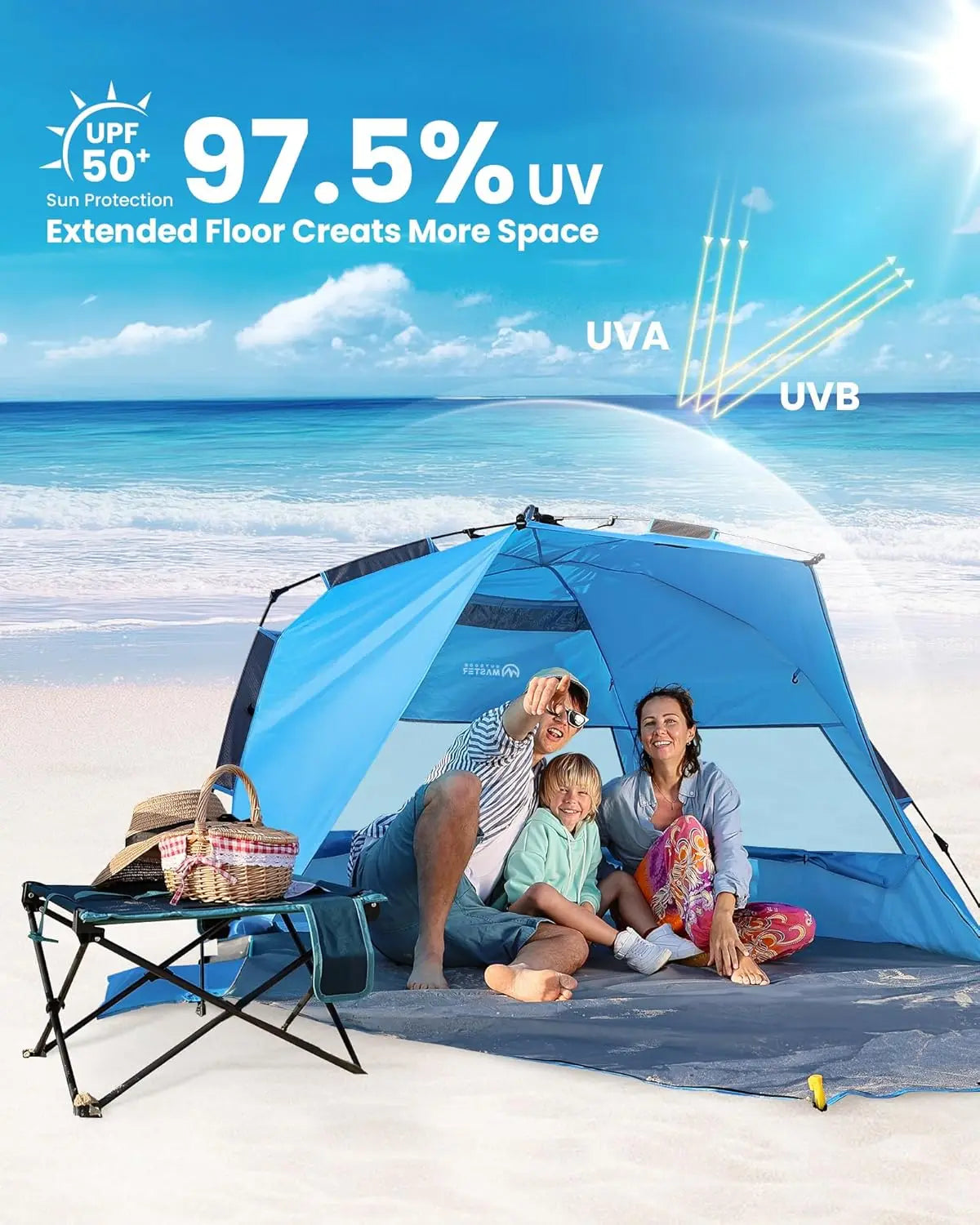 Pop-Up Beach Tent For 4 Easy Setup With Sandbags UPF50Plus Portable Sun Shelter