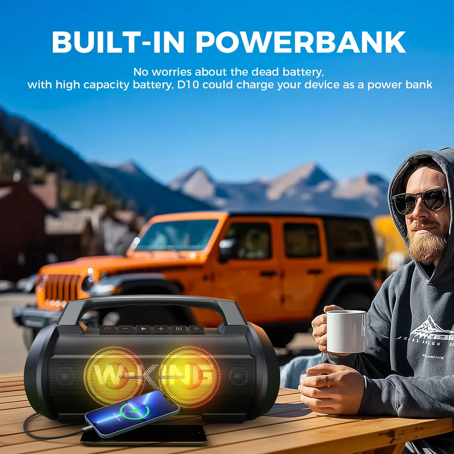 W-King 70W RMS Bluetooth Portable Speaker IPX6 Waterproof Subwoofer Bass Boost