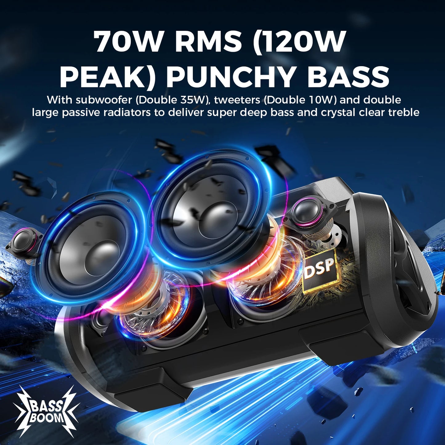 W-King 70W RMS Bluetooth Portable Speaker IPX6 Waterproof Subwoofer Bass Boost