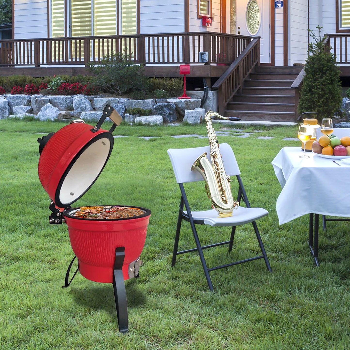 Elenxs Kamado Ceramic Round Charcoal Grill 13 Inch Orange Outdoor Bbq